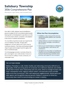 Salisbury Township 2026 Comprehensive Plan summary page featuring community photos, plan highlights, and the township’s 10-year vision.