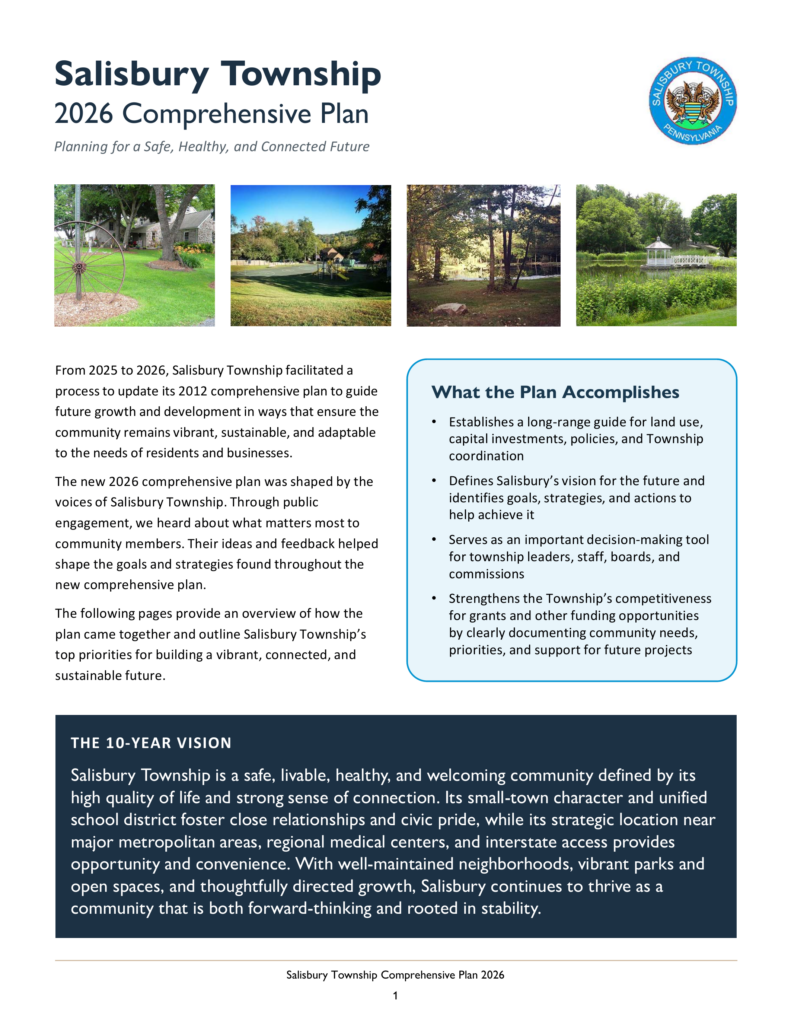 Salisbury Township 2026 Comprehensive Plan summary page featuring community photos, plan highlights, and the township’s 10-year vision.